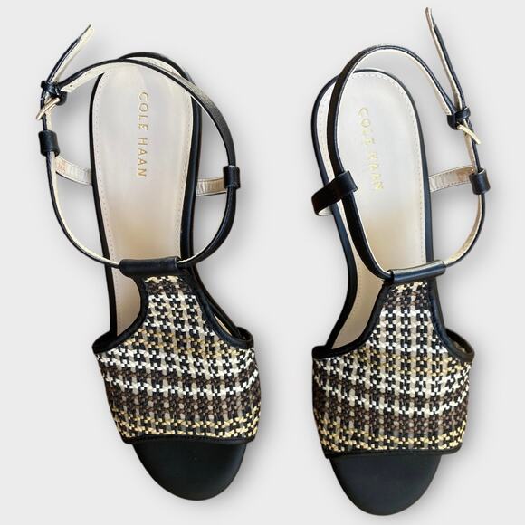 Cole Haan Maddie Open Toe Wedge Sandal US 9 Black Brown Woven Boho Chic Neutral - Picture 10 of 11